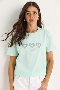 Taşlı Kalp Aksesuarlı Normal Kalıp Pamuklu T-Shirt 60602069 - Su Yeşili