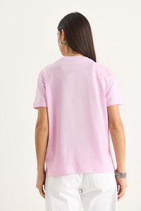Taşlı Kalp Aksesuarlı Normal Kalıp Pamuklu T-Shirt 60602069 - Şeker Pembe