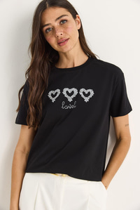 Taşlı Kalp Aksesuarlı Normal Kalıp Pamuklu T-Shirt 60602069 - Siyah