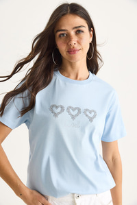 Taşlı Kalp Aksesuarlı Normal Kalıp Pamuklu T-Shirt 60602069 - Bebe Mavisi