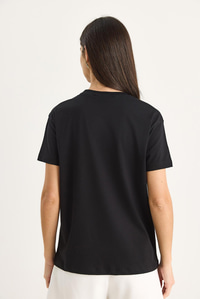 Taşlı Kalp Aksesuarlı Normal Kalıp Pamuklu T-Shirt 60602069 - Siyah