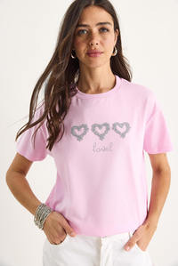 Taşlı Kalp Aksesuarlı Normal Kalıp Pamuklu T-Shirt 60602069 - Şeker Pembe