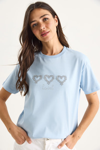 Taşlı Kalp Aksesuarlı Normal Kalıp Pamuklu T-Shirt 60602069 - Bebe Mavisi