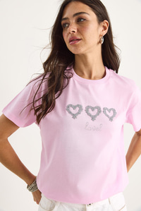 Taşlı Kalp Aksesuarlı Normal Kalıp Pamuklu T-Shirt 60602069 - Şeker Pembe