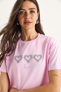 Taşlı Kalp Aksesuarlı Normal Kalıp Pamuklu T-Shirt 60602069 - Şeker Pembe
