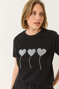 Taşlı Kalp Detaylı Kısa Kollu Pamuklu T-Shirt 60602038 - Siyah