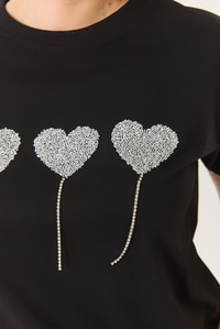 Taşlı Kalp Detaylı Kısa Kollu Pamuklu T-Shirt 60602038 - Siyah