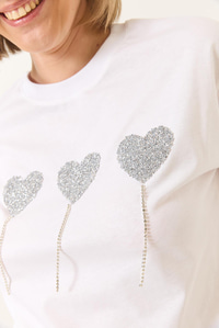 Taşlı Kalp Detaylı Kısa Kollu Pamuklu T-Shirt 60602038 - Beyaz