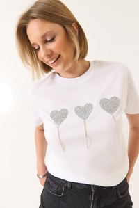 Taşlı Kalp Detaylı Kısa Kollu Pamuklu T-Shirt 60602038 - Beyaz