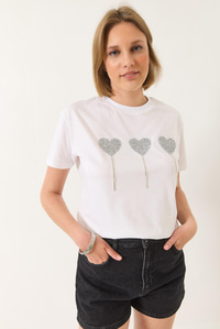 Taşlı Kalp Detaylı Kısa Kollu Pamuklu T-Shirt 60602038 - Beyaz