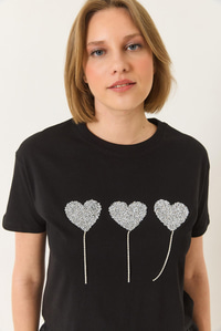 Taşlı Kalp Detaylı Kısa Kollu Pamuklu T-Shirt 60602038 - Siyah