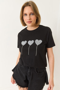 Taşlı Kalp Detaylı Kısa Kollu Pamuklu T-Shirt 60602038 - Siyah