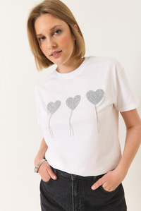 Taşlı Kalp Detaylı Kısa Kollu Pamuklu T-Shirt 60602038 - Beyaz