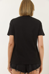 Taşlı Kalp Detaylı Kısa Kollu Pamuklu T-Shirt 60602038 - Siyah