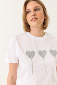 Taşlı Kalp Detaylı Kısa Kollu Pamuklu T-Shirt 60602038 - Beyaz