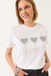 Taşlı Kalp Detaylı Kısa Kollu Pamuklu T-Shirt 60602038 - Beyaz