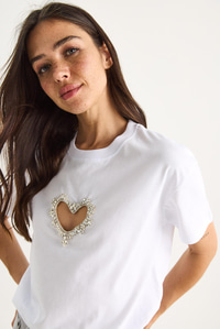 Taşlı Kalp Pencereli Pamuklu T-Shirt 60602073 - Beyaz