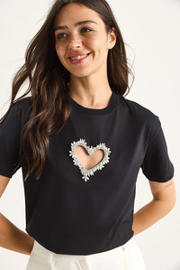 Taşlı Kalp Pencereli Pamuklu T-Shirt 60602073 - Siyah