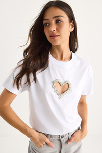 Taşlı Kalp Pencereli Pamuklu T-Shirt 60602073 - Beyaz