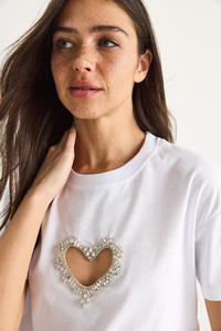 Taşlı Kalp Pencereli Pamuklu T-Shirt 60602073 - Beyaz