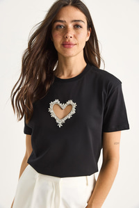 Taşlı Kalp Pencereli Pamuklu T-Shirt 60602073 - Siyah