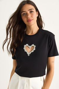 Taşlı Kalp Pencereli Pamuklu T-Shirt 60602073 - Siyah