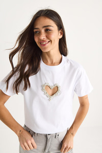 Taşlı Kalp Pencereli Pamuklu T-Shirt 60602073 - Beyaz