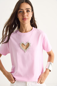 Taşlı Kalp Pencereli Pamuklu T-Shirt 60602073 - Şeker Pembe