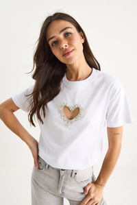 Taşlı Kalp Pencereli Pamuklu T-Shirt 60602073 - Beyaz