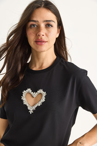 Taşlı Kalp Pencereli Pamuklu T-Shirt 60602073 - Siyah
