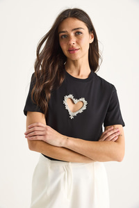 Taşlı Kalp Pencereli Pamuklu T-Shirt 60602073 - Siyah