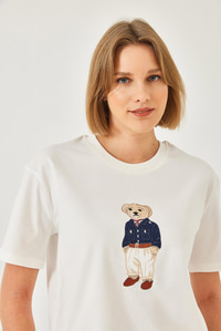 Teddy Desenli Bisiklet Yaka Basic Tshirt 60261344 - Beyaz