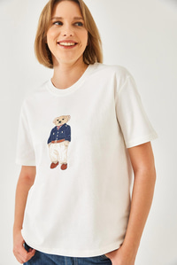 Teddy Desenli Bisiklet Yaka Basic Tshirt 60261344 - Beyaz