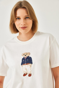 Teddy Desenli Bisiklet Yaka Basic Tshirt 60261344 - Beyaz