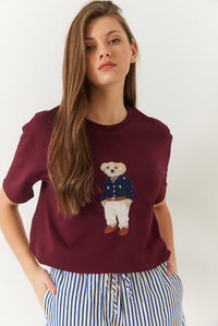 Teddy Desenli Bisiklet Yaka Basic Tshirt 60261344 - Bordo