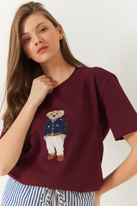 Teddy Desenli Bisiklet Yaka Basic Tshirt 60261344 - Bordo