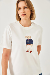 Teddy Desenli Bisiklet Yaka Basic Tshirt 60261344 - Beyaz