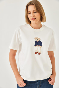 Teddy Desenli Bisiklet Yaka Basic Tshirt 60261344 - Beyaz