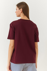 Teddy Desenli Bisiklet Yaka Basic Tshirt 60261344 - Bordo