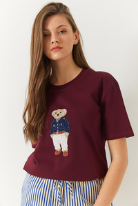 Teddy Desenli Bisiklet Yaka Basic Tshirt 60261344 - Bordo