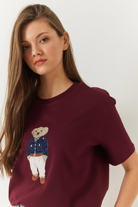 Teddy Desenli Bisiklet Yaka Basic Tshirt 60261344 - Bordo