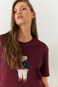 Teddy Desenli Bisiklet Yaka Basic Tshirt 60261344 - Bordo