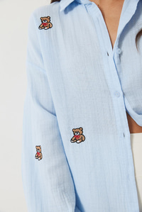 Teddy İşlemeli Kolları Lastikli Oversize Pamuk Gömlek 2060 60283011 - Bebe Mavisi