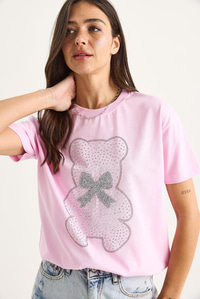Teddy Kurdele Detaylı Taşlı T-Shirt 60602035 - Pembe