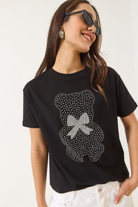 Teddy Kurdele Detaylı Taşlı T-Shirt 60602035 - Siyah
