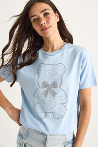 Teddy Kurdele Detaylı Taşlı T-Shirt 60602035 - Bebe Mavisi