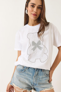 Teddy Kurdele Detaylı Taşlı T-Shirt 60602035 - Beyaz