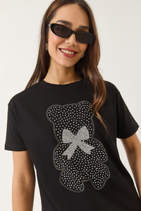 Teddy Kurdele Detaylı Taşlı T-Shirt 60602035 - Siyah