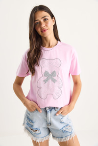 Teddy Kurdele Detaylı Taşlı T-Shirt 60602035 - Pembe