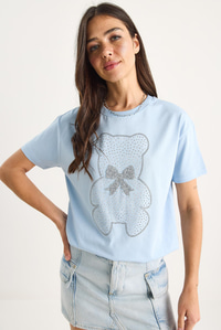 Teddy Kurdele Detaylı Taşlı T-Shirt 60602035 - Bebe Mavisi